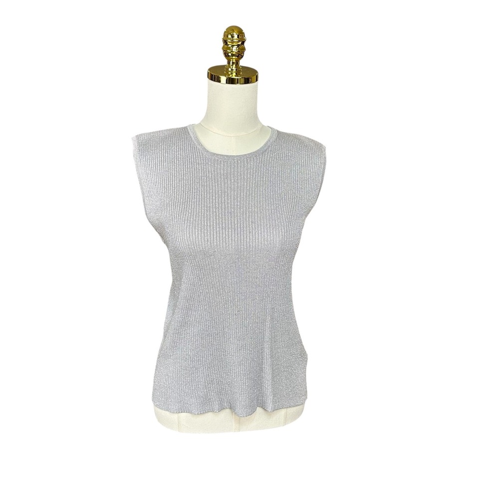 Vintage Joseph A. Women Silver Metallic Silk Blend Ribbed Sleeveless Knit Top Sm